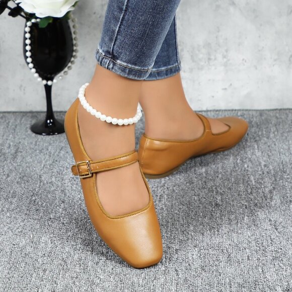 Camel Cushioned Insole Classic Mary Jane Ballet Flat Adjustable Ankle Strap - Picture 4 of 11